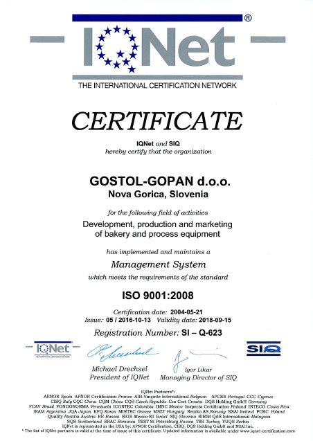 Gostol - Gopan d.o.o. maintains Certificate ISO 9001:2008