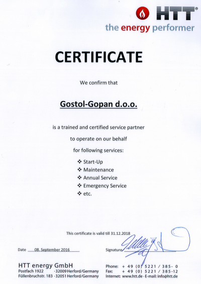 Gostol - Gopan d.o.o. - official authorized service partner for the company HTT from Germany